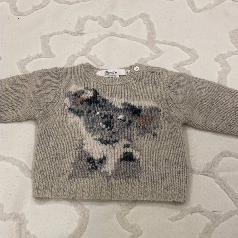 Bonpoint Gray Knit Sweater with Animal Design - Picture 3 of 8